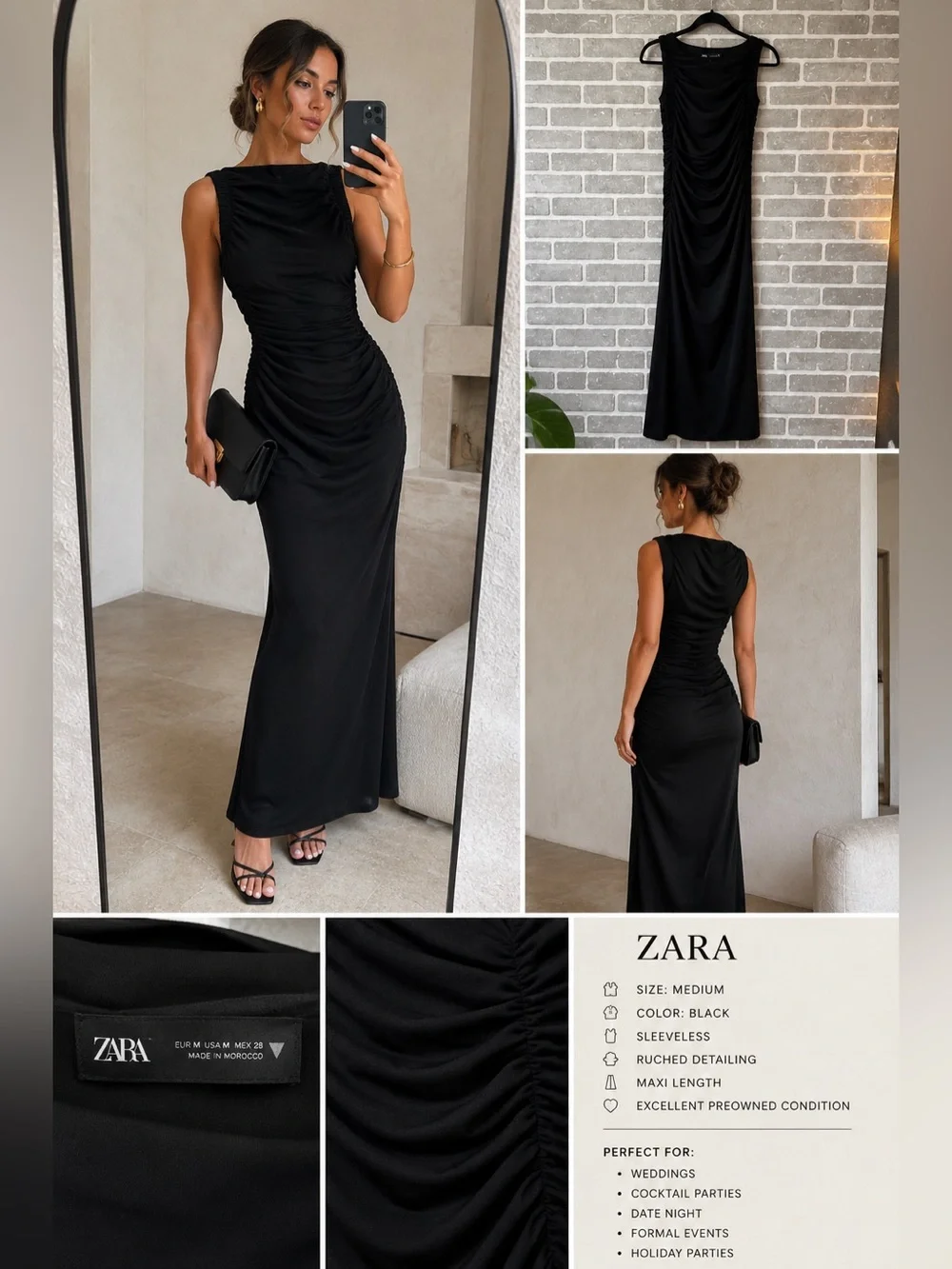 Zara Black Ruched Maxi Dress Medium Sleeveless Draped Evening Cocktail Formal